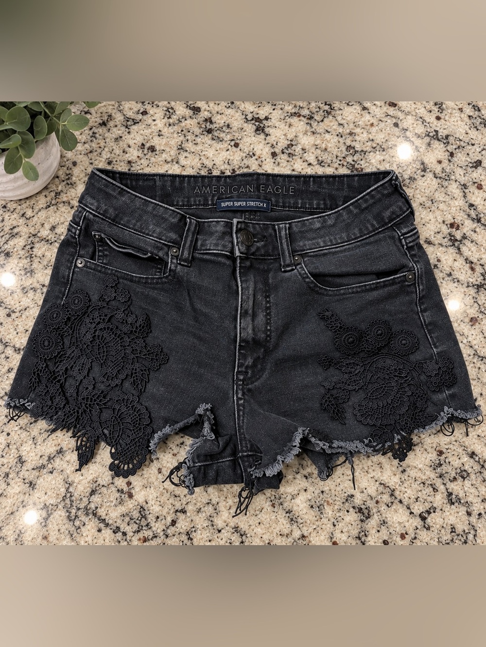 American Eagle Outfitters Black Lace-Trim Denim Cutoff Shorts